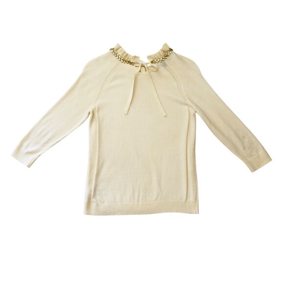 RSVP by Talbots Sweater Size SP Cream Ruffle Neck Jeweled Trim Bow Back Elegant - Picture 5 of 13